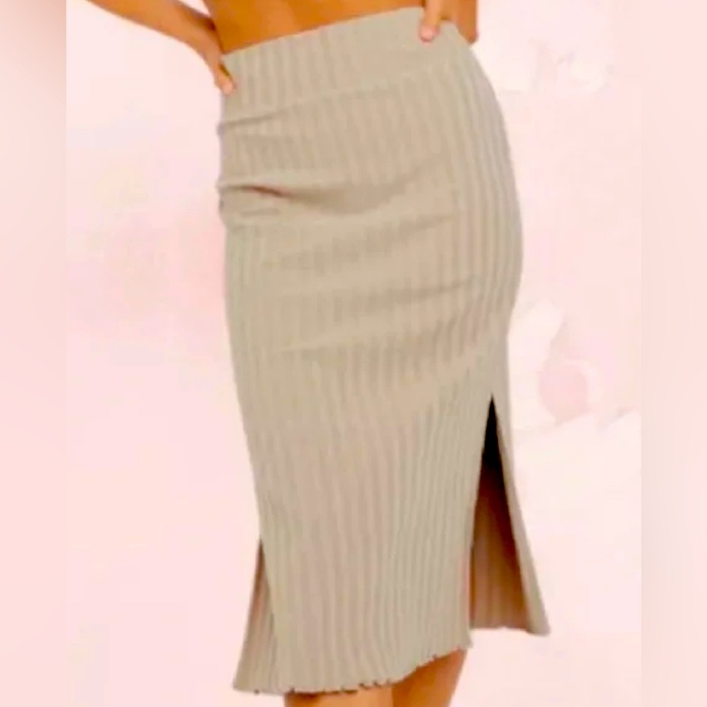 Offline By Aerie OG Grove Midi Skirt Ribbed Slit Neutral Cream Medium New